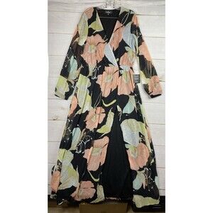 Lulus Maxi Dress XL Wondrous Water Lillies Black Floral Print Faux Wrap Top NWT